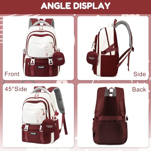 PALAY® Girls Backpack School with Small Zipper Pouch Fashion Red Nylon Padded Shoulder Straps Handle Design Multi Compartment Large for Camping Travel 3 PCS PALAY® Girls Backpack School with Small Zipper Pouch Fashion Red Nylon Padded Shoulder Straps Handle Design Multi Compartment Large for Camping Travel 3 PCS